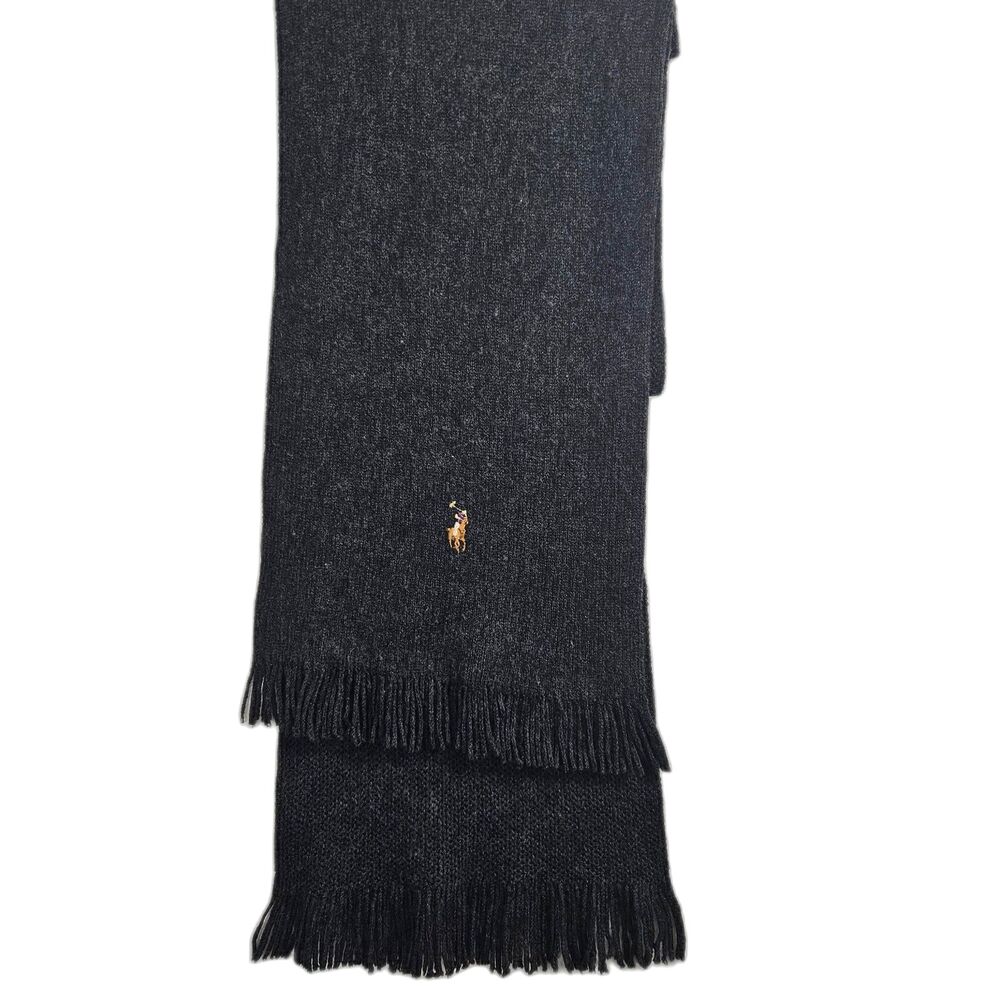 Polo Ralph Lauren Merino Wool Men's Scarf Flesh Pony and Fringe Charcoal Gray